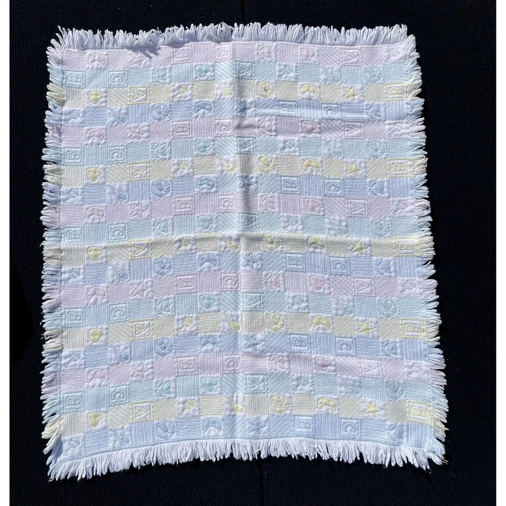 Vintage Pastel ABC Baby‎ Blanket Textured Alphabet Stars Moons Hearts Fringe